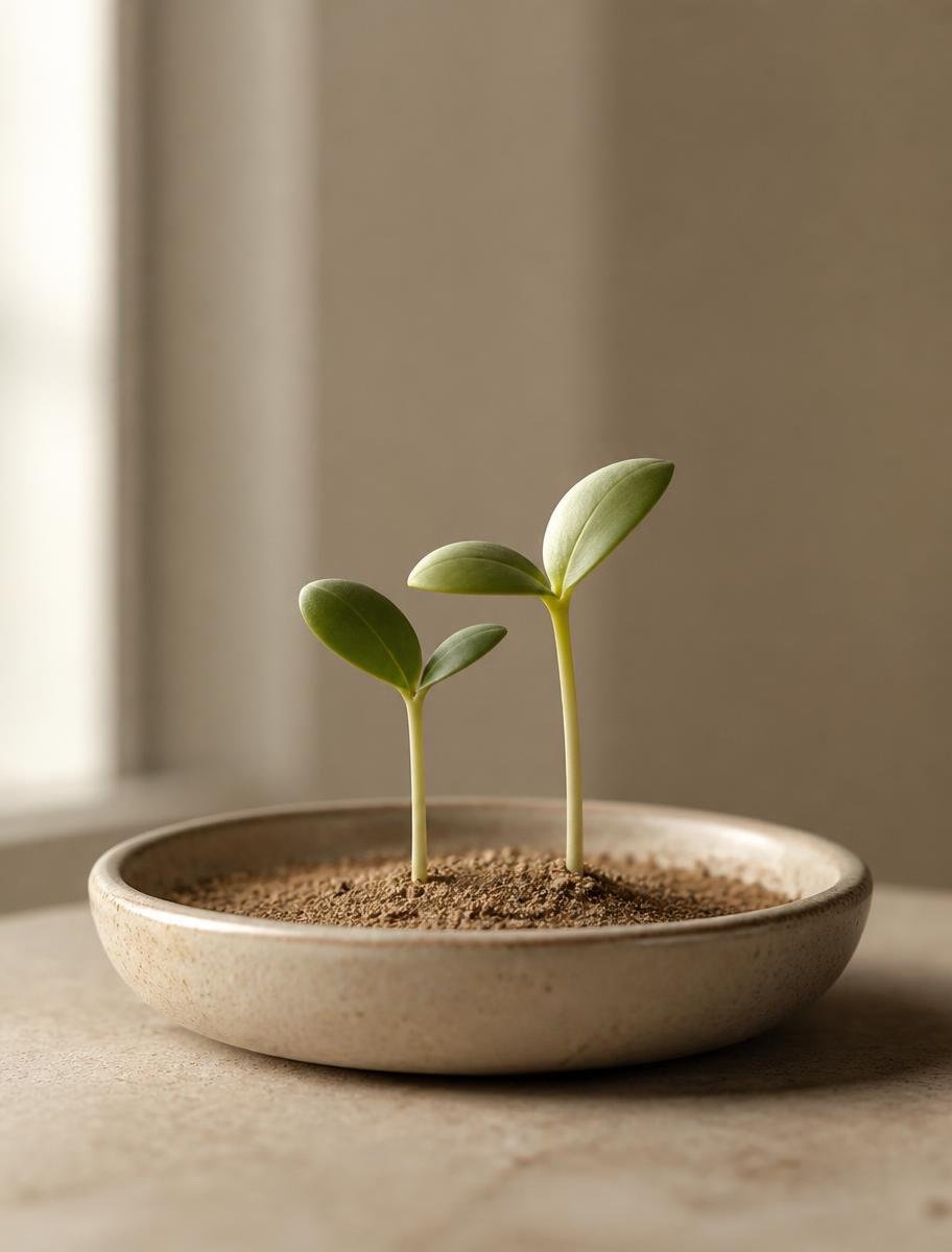 Duas pequenas plantas brotando em uma tigela de cerâmica, imagem simbólica sobre fertilidade masculina